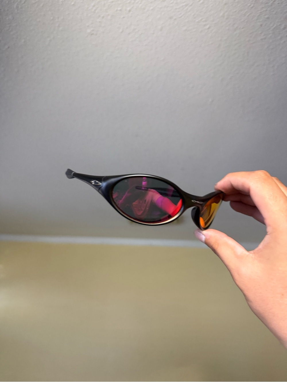 Black Frame Sunglasses with Pink and Orange Mirrored Lenses Oakley